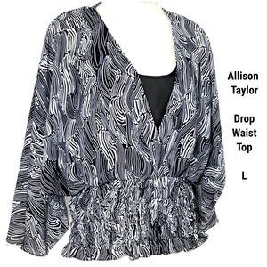 Allison Taylor L Top Blouse Drop Waist Shirred Black White Abstract Ruffle Large